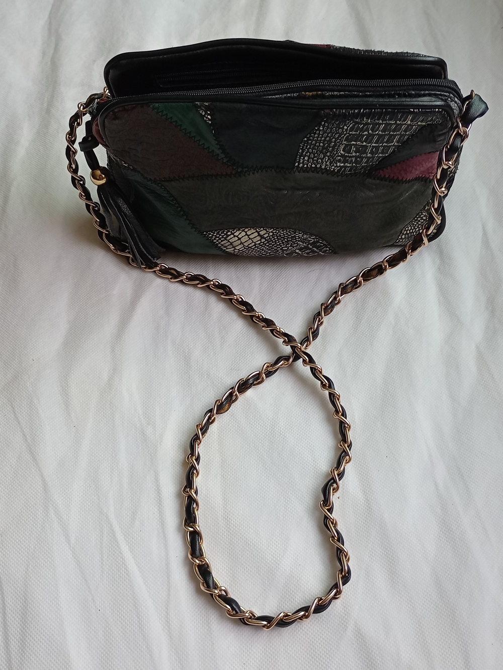 vintage multi-colored leather and suede patchwork crossbody  gold-tone chain